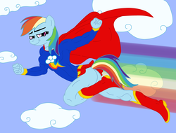Size: 1687x1280 | Tagged: safe, artist:natter45, artist:ukwolfie, rainbow dash, anthro, g4, buff, clothes, costume, flying, muscles, parody, socks, supergirl, superhero, supermare, thigh highs, thighs, toned