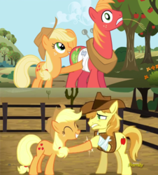 Size: 411x455 | Tagged: safe, screencap, applejack, big macintosh, braeburn, earth pony, pony, applebuck season, appleoosa's most wanted, g4, bandage, broken leg, callback, comparison, discovery family logo, eyes closed, grin, gritted teeth, hoofbump, injured, male, smiling, stallion, wide eyes