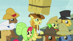 Size: 500x281 | Tagged: safe, screencap, apple bumpkin, apple fritter, blues, braeburn, caramel, cherry cola, cherry fizzy, coco crusoe, meadow song, noteworthy, earth pony, pony, appleoosa's most wanted, g4, apple family member, discovery family, discovery family logo, faic, female, frown, hat, hay bale, hayburn, laughing, male, mare, moments before disaster, stallion