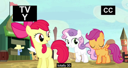 Size: 1600x855 | Tagged: safe, edit, edited screencap, screencap, apple bloom, blues, cherry cola, cherry fizzy, noteworthy, scootaloo, sweetie belle, earth pony, pegasus, pony, unicorn, appleoosa's most wanted, g4, caption, cutie mark crusaders, female, filly, male, meme, seems legit, stallion, youtube caption