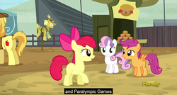 Size: 1600x855 | Tagged: safe, screencap, apple bloom, braeburn, scootaloo, sweetie belle, earth pony, pegasus, pony, unicorn, appleoosa's most wanted, g4, burger, butt, cutie mark crusaders, female, filly, foal, food, hay burger, male, meme, plot, scarecrow, stallion, youtube caption