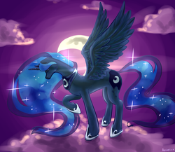 Size: 1500x1300 | Tagged: safe, artist:myukari, princess luna, g4, cloud, cloudy, eyes closed, female, moon, raised hoof, solo, spread wings