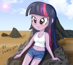 Size: 900x795 | Tagged: safe, artist:sumin6301, twilight sparkle, equestria girls, g4, belly button, blushing, clothes, cloud, cloudy, desert, female, hot pants, midriff, rock, short shirt, solo, sun, tank top