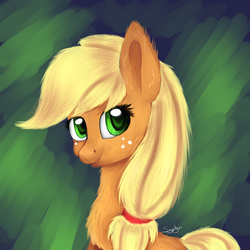 Size: 1600x1600 | Tagged: safe, artist:syphyruskuy, applejack, g4, chest fluff, ear fluff, female, fluffy, hatless, missing accessory, smiling, solo