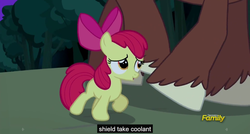 Size: 1600x855 | Tagged: safe, screencap, apple bloom, trouble shoes, earth pony, pony, appleoosa's most wanted, g4, female, filly, foal, male, meme, stallion, youtube caption