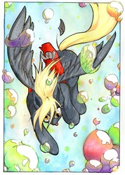 Size: 1974x2772 | Tagged: safe, artist:aerolp, derpy hooves, pegasus, pony, g4, bubble, female, flying, mare, solo, tongue out, traditional art