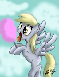 Size: 1024x1334 | Tagged: safe, artist:mitsi1991, derpy hooves, pegasus, pony, g4, cotton candy, female, flying, food, happy, mare, solo, tongue out