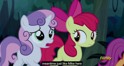 Size: 1600x855 | Tagged: safe, screencap, apple bloom, scootaloo, sweetie belle, appleoosa's most wanted, g4, cutie mark crusaders, meme, mike, youtube caption