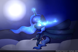 Size: 3000x2000 | Tagged: safe, artist:myteaiscold, princess luna, g4, cloud, female, high res, magic, moon, sitting, solo