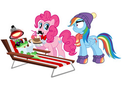 Size: 1099x849 | Tagged: safe, artist:mystic-forces, gummy, pinkie pie, rainbow dash, g4, tanks for the memories, backwards cutie mark, do i look angry, drink, heat lamp, moustache, sunglasses, tanning mirror, unamused, waiter, winter outfit