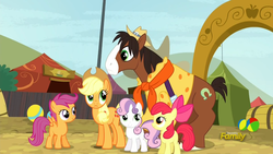 Size: 1280x720 | Tagged: safe, screencap, apple bloom, applejack, scootaloo, sweetie belle, trouble shoes, earth pony, pony, appleoosa's most wanted, g4, cutie mark crusaders, female, male, mare, stallion