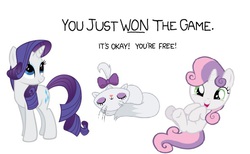 Size: 593x365 | Tagged: safe, opalescence, rarity, sweetie belle, g4, cute, edited by gildor, simple background, smiling, the game, vector, white background, winning, xkcd