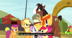 Size: 1600x855 | Tagged: safe, screencap, apple bloom, applejack, scootaloo, sweetie belle, trouble shoes, earth pony, pegasus, pony, unicorn, appleoosa's most wanted, g4, cutie mark crusaders, female, filly, foal, male, mare, mark goodson, meme, stallion, youtube caption