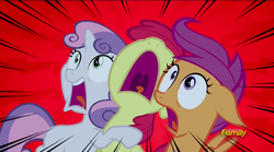 Size: 1488x828 | Tagged: safe, screencap, apple bloom, scootaloo, sweetie belle, appleoosa's most wanted, g4, cutie mark crusaders, scared