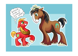 Size: 820x591 | Tagged: safe, artist:nukilik, big macintosh, trouble shoes, earth pony, pony, appleoosa's most wanted, g4, duo, eye contact, floppy ears, frown, grin, male, nervous, raised hoof, size comparison, size difference, smiling, stallion, sweat, thought bubble, unshorn fetlocks