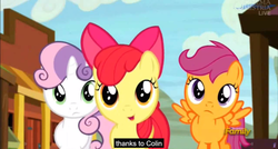 Size: 1600x855 | Tagged: safe, screencap, apple bloom, scootaloo, sweetie belle, appleoosa's most wanted, g4, colin, cutie mark crusaders, meme, youtube caption