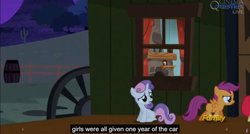Size: 1600x855 | Tagged: safe, screencap, apple bloom, scootaloo, sweetie belle, appleoosa's most wanted, g4, cutie mark crusaders, meme, youtube caption