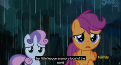 Size: 1600x855 | Tagged: safe, screencap, scootaloo, sweetie belle, appleoosa's most wanted, g4, meme, youtube caption