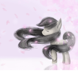 Size: 937x852 | Tagged: safe, artist:chanceyb, octavia melody, earth pony, pony, g4, cherry blossoms, eyes closed, female, flower petals, raised hoof, reflection, solo, wind, windswept mane