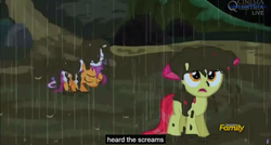 Size: 1600x855 | Tagged: safe, screencap, apple bloom, scootaloo, sweetie belle, appleoosa's most wanted, g4, cutie mark crusaders, meme, messy, mud, rain, youtube caption