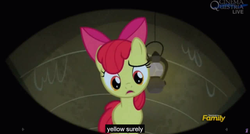 Size: 1600x855 | Tagged: safe, screencap, apple bloom, trouble shoes, earth pony, pony, appleoosa's most wanted, g4, meme, offscreen character, pov, youtube caption