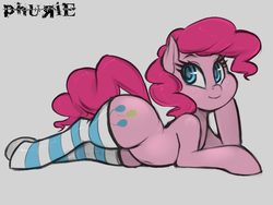 Size: 800x600 | Tagged: safe, artist:phurie edits, edit, pinkie pie, earth pony, pony, g4, adorasexy, backbend, belly button, clothes, colored pupils, cute, diapinkes, draw me like one of your french girls, female, gray background, lying down, mare, sexy, simple background, smiling, socks, solo, striped socks