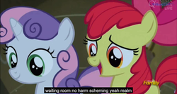 Size: 1600x855 | Tagged: safe, screencap, apple bloom, sweetie belle, appleoosa's most wanted, g4, meme, youtube caption