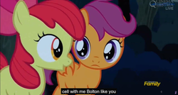 Size: 1600x855 | Tagged: safe, screencap, apple bloom, scootaloo, appleoosa's most wanted, g4, meme, youtube caption