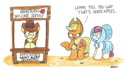 Size: 2436x1375 | Tagged: safe, artist:bobthedalek, apple bumpkin, applejack, braeburn, oc, earth pony, pony, appleoosa's most wanted, g4, :i, apple family member, bonnet, clothes, concession stand, equestria's worst babysitter, female, frown, glare, let me tell you why that's bullshit, male, mare, open mouth, pointing, pun, skirt, stallion, traditional art, unamused, wide eyes