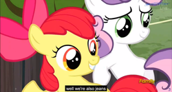 Size: 1600x855 | Tagged: safe, screencap, apple bloom, sweetie belle, appleoosa's most wanted, g4, meme, youtube caption