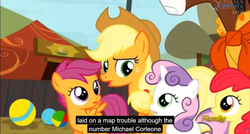 Size: 1600x855 | Tagged: safe, screencap, apple bloom, applejack, scootaloo, sweetie belle, trouble shoes, earth pony, pegasus, pony, unicorn, appleoosa's most wanted, g4, cutie mark crusaders, female, filly, foal, male, mare, meme, michael corleone, stallion, the godfather, youtube caption