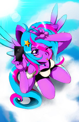 Size: 1242x1920 | Tagged: safe, artist:animeclaro, oc, oc only, anthro, blushing, colored wings, gradient wings, hair ornament, human facial structure, necklace, phone, smartphone, tongue out, wink