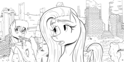 Size: 2530x1280 | Tagged: safe, artist:thethunderpony, fluttershy, oc, oc:seedy scrolls, g4, lineart, monochrome, ruins