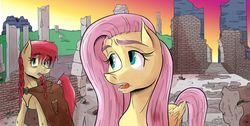 Size: 2530x1280 | Tagged: safe, artist:saturdaymorningproj, artist:thethunderpony, fluttershy, oc, oc:seedy scrolls, g4, colored, ruins, sunset