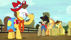 Size: 1280x720 | Tagged: safe, screencap, applejack, braeburn, caramel, sheriff silverstar, earth pony, pony, appleoosa's most wanted, g4, bullfighter (rodeo), discovery family logo, female, harmonica, male, man with a harmonica, mare, musical instrument, once upon a time in the west, rodeo clown, song reference, stallion