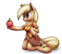 Size: 700x610 | Tagged: safe, artist:tg-0, applejack, earth pony, anthro, semi-anthro, unguligrade anthro, g4, apple, arm hooves, basket, belly button, bottomless, breasts, clothes, female, sitting, solo