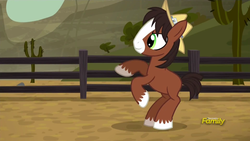 Size: 1920x1080 | Tagged: safe, screencap, trouble shoes, earth pony, pony, appleoosa's most wanted, g4, colt, cute, fence, happy, hat, little trouble shoes, male, rearing, smiling, troublebetes, unshorn fetlocks, younger