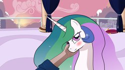 Size: 1024x576 | Tagged: safe, artist:maxressor, princess celestia, human, g4, balcony, bedroom eyes, blushing, cloud, cloudy, cute, hand, looking at you, morning, mountain, petting, smiling, touch, vector