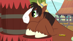 Size: 1920x1080 | Tagged: safe, screencap, trouble shoes, earth pony, pony, appleoosa's most wanted, g4, barrel, cute, discovery family logo, hat, leaning, male, smiling, solo, stallion, stubble, troublebetes, unshorn fetlocks, watching