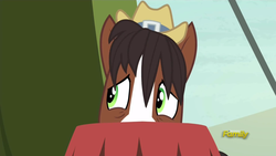 Size: 1920x1080 | Tagged: safe, screencap, trouble shoes, earth pony, pony, appleoosa's most wanted, g4, barrel, hat, hiding, male, solo, stallion, worried