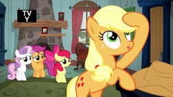Size: 1920x1080 | Tagged: safe, screencap, apple bloom, applejack, scootaloo, sweetie belle, earth pony, pony, appleoosa's most wanted, g4, cutie mark crusaders, hatless, hind legs, missing accessory, silly, silly pony, tongue out, who's a silly pony