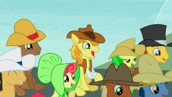 Size: 500x281 | Tagged: safe, edit, edited screencap, screencap, apple bumpkin, apple fritter, blues, braeburn, caramel, cherry cola, cherry fizzy, coco crusoe, meadow song, noteworthy, earth pony, pony, appleoosa's most wanted, g4, animated, apple family member, crossing the memes, discovery family logo, female, gif, hay bale, hayburn, i didn't listen, is an edit, male, mare, meme, stallion