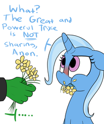 Size: 800x954 | Tagged: safe, artist:datte-before-dawn, trixie, oc, oc:anon, human, pony, unicorn, g4, :t, anonymous, blushing, cute, dialogue, diatrixes, female, floppy ears, flower, frown, hand, herbivore, horses doing horse things, looking up, mare, nose wrinkle, puffy cheeks, scrunchy face