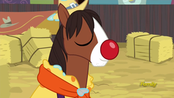 Size: 1920x1080 | Tagged: safe, screencap, trouble shoes, earth pony, pony, appleoosa's most wanted, g4, clothes, clown nose, cute, eyes closed, happy, hat, hay bale, majestic, male, red nose, smiling, smug, solo, stallion, troublebetes, wet