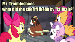 Size: 960x540 | Tagged: safe, edit, edited screencap, screencap, apple bloom, scootaloo, sweetie belle, trouble shoes, earth pony, pegasus, pony, unicorn, appleoosa's most wanted, g4, butt, caption, cutie mark crusaders, foal, jail, jailbait, male, plot, stallion