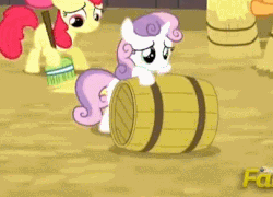 Size: 405x292 | Tagged: safe, screencap, apple bloom, scootaloo, sweetie belle, earth pony, pegasus, pony, unicorn, appleoosa's most wanted, g4, animated, barrel, barrel roll, blank flank, broom, cute, cutie mark crusaders, diasweetes, discovery family, discovery family logo, female, filly, foal, gif, logo, punishment, rolling, sad, spread wings, sweetie fail, wings