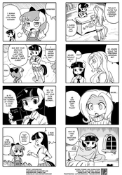 Size: 900x1290 | Tagged: safe, artist:shepherd0821, apple bloom, fluttershy, twilight sparkle, earth pony, anthro, g4, 4koma, ambiguous facial structure, big breasts, breasts, busty fluttershy, comic, death note, female, implied murder, monochrome, translation