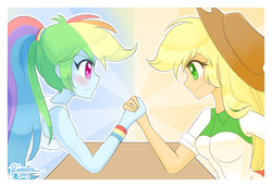 Size: 1290x886 | Tagged: safe, artist:riouku, applejack, rainbow dash, equestria girls, g4, arm wrestling, blushing, duo, female, high ponytail, long hair, looking at each other, looking at someone, ponytail, sweat, wristband