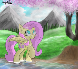 Size: 2500x2200 | Tagged: safe, artist:manfartwish, fluttershy, g4, cherry blossoms, cottagecore, female, flower, flower blossom, high res, looking up, mountain, solo, water