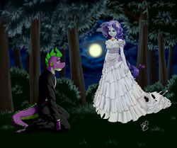 Size: 1435x1200 | Tagged: safe, artist:pia-sama, rarity, spike, ghost, anthro, g4, clothes, dress, female, male, sad, ship:sparity, shipping, straight, suit